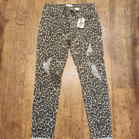 easel Jeans Easel Brown Animal Print Skinny Distressed Jeans Large